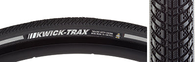 Close-up of the 700x28 Reflective Kwick Trax Bicycle Tire showcasing its tread pattern and reflective sidewalls designed for commuting. Features Iron Cap flat protection and numerous siping lines for water evacuation.