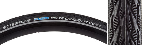 Close-up of a 700x28 Reflective Delta Cruiser+ Active Twin PG Bicycle Tire, showcasing the center rib profile, reflective trim, and puncture guard features.