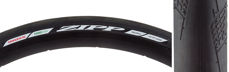 700x30 Tangente Course Bicycle Tire featuring a black tread with white text, close-up of durable rubber, designed for low rolling resistance, and equipped with nylon puncture protection and kevlar bead.