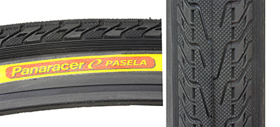 Close-up of 700x32 Black/Black Pasela Bicycle Tire, highlighting the tread pattern and synthetic rubber composition, designed for hybrid commuting with a raised center for low rolling resistance.