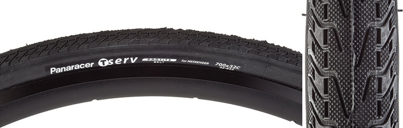 Close-up of the 700x32 T-Serv Bicycle Tire, showcasing its durable tread and aramid belted design for enhanced puncture protection.