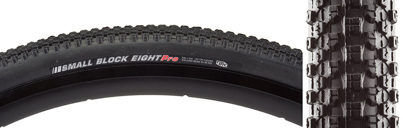 Close-up of the 700x32 Small Block 8 Pro Bicycle Tire, highlighting its tread pattern designed for speed and grip, featuring dual rubber compounds for versatile riding conditions.