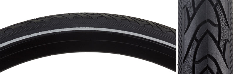 Close-up of the 700x32 Reflective Classic Otis CST1777 Bicycle Tire, highlighting its grooved-slick pattern and additional shoulder siping for enhanced traction.