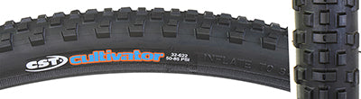 700x32 Cultivator Bicycle Tire - a close-up of a black rubber tire featuring a blue and orange logo, designed for cyclocross with optimized tread for shedding mud and delivering maximum traction.