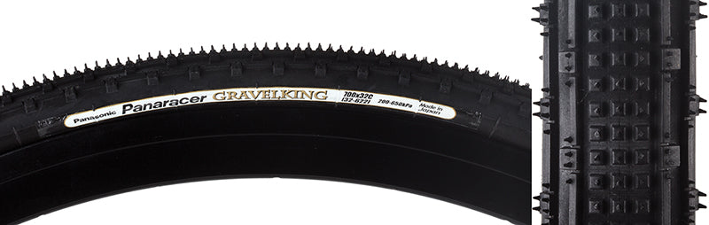 Close-up of the 700x32 Black/Black Gravel King SK Bicycle Tire featuring five rows of square knobs and double rows of continuous ridges designed for smooth rolling and excellent grip on rough or gravel roads.