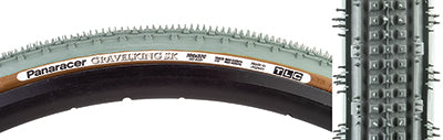 Close-up of the 700x32 Olive Gravel King SK Bicycle Tire, showcasing five rows of square knobs between double ridges, designed for smooth rolling and excellent grip on rough or gravel roads.