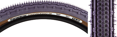 Close-up of the 700x32 Purple Gravel King SK Bicycle Tire showcasing its square knobs and continuous ridges designed for smooth rolling and excellent grip on rough or gravel roads.