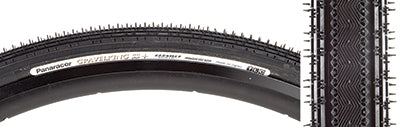 Close-up of a 700x32 Black/Black Gravel King SS+ Bicycle Tire, showcasing its fast-rolling file tread center with micro knobs and rectangular shoulder knobs for mixed gravel and road use.