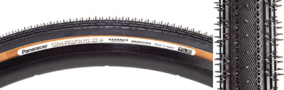 Close-up of a 700x32 Black/Brown Gravel King SS+ Bicycle Tire, featuring a white-striped, durable tread designed for mixed gravel and road use with puncture-resistant ProTite Shield belting.