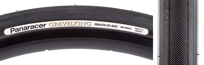 Close-up of the 700x32 Black/Black Gravel King Slick Bicycle Tire, showcasing its minimal file tread and robust volume, ideal for both road and gravel conditions.