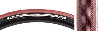 Close-up of the 700x32 Bordeaux Gravel King Slick Bicycle Tire showcasing its minimal tread and robust volume, designed for performance on both road and gravel surfaces.