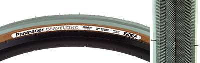 Close-up of the 700x32 Olive Gravel King Slick Bicycle Tire, showcasing its minimal file tread pattern and robust volume designed for both road and gravel terrains.