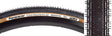 Close-up of the 700x32 Black/Brown Gravel King SS Bicycle Tire, highlighting its fast-rolling file tread center with micro knobs and long rectangular shoulder knobs, designed for mixed gravel and road use.