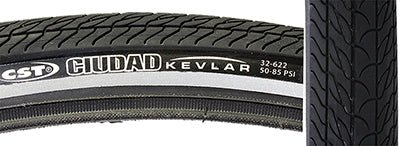 Close-up of the 700x32 Reflective Ciudad Bicycle Tire, showcasing its tread pattern and reflective sidewall striping designed for enhanced puncture resistance and low-light visibility.