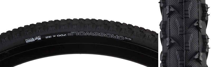 Close-up of the 700x32 CrossWolf TCS Light Fast Rolling Bicycle Tire showcasing the detailed tread pattern designed for impressive traction and stability in loose soil conditions.