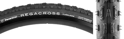 Close-up of the 700x33 RegaCross Bicycle Tire, showcasing its long vertical knobs and low-profile design for optimal muck transfer, balancing rolling resistance and grip.