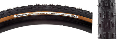 Close-up of the 700x33 Black/Brown Gravel King All Condition Knobby Bicycle Tire, showcasing its tread with vertical and square outer knobs designed for all terrains.