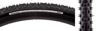 Close-up of 700x33 Black/Black Gravel King Extreme Knobby Bicycle Tire with a new tread pattern, featuring long vertical center blocks and ramped shoulder lugs for fast rolling and maximum grip in extreme conditions.