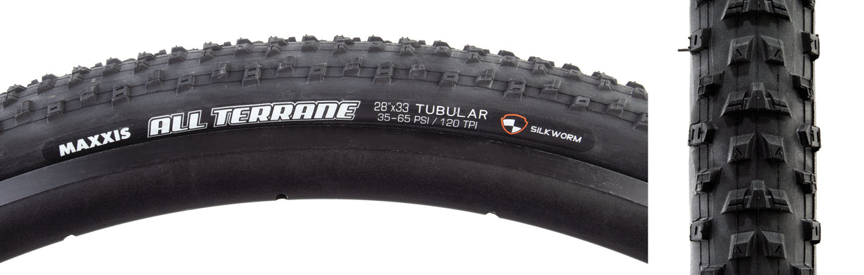 Close-up of a 700x33 All Terrane SW Bicycle Tire showcasing micro-diamond knobs on the tread and stacked paddle knobs for enhanced speed, climbing, and braking traction.