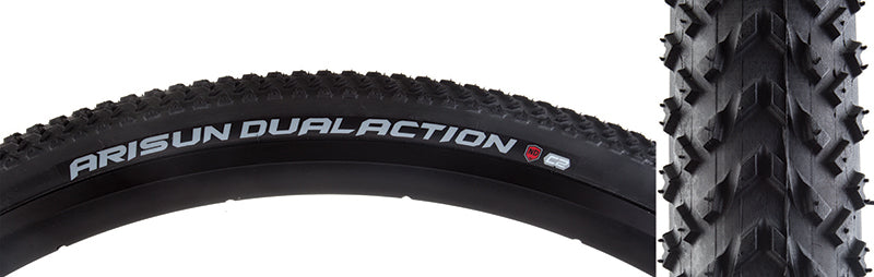 Close-up of the 700x33 DualAction Bicycle Tire, showing its closely spaced lugs for continuous traction and open tread design for mud discharge. Nylon Defense offers lightweight puncture protection.