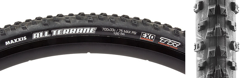 Close-up of the 700x33 All Terrane DC/EXR/TR Fold/120 Bicycle Tire, highlighting micro-diamond knobs and stacked paddle knobs on the tread for enhanced speed, traction, and protection.