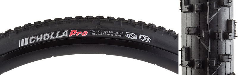 Close-up of a 700x33 Cholla Pro CX-DTC Bicycle Tire, showcasing hooked knobs for mud traction and wide spacing for debris shedding, optimized for wet, slippery conditions and featuring dual density compounds.