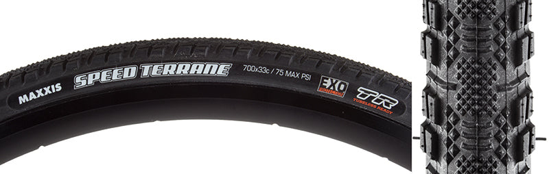 Close-up of a 700x33 Speed Terrane DC/EXO/TR Fold/60 Bicycle Tire showcasing its tall knobs, open tread pattern, and carbon folding bead designed for grip and speed on various surfaces.