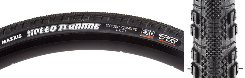 Close-up of the 700x33 Speed Terrane DC/EXO/TR Fold/120 Bicycle Tire, showcasing the tread pattern designed for grip and speed, and the tubeless-ready construction for enhanced performance on diverse terrains.