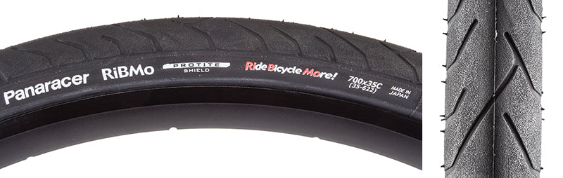 Close-up of the 700x35 Ribmo Wire Bicycle Tire showcasing its all-contact tread pattern and durable compound, designed for urban commuting with advanced Panaracer Protite puncture protection technology.