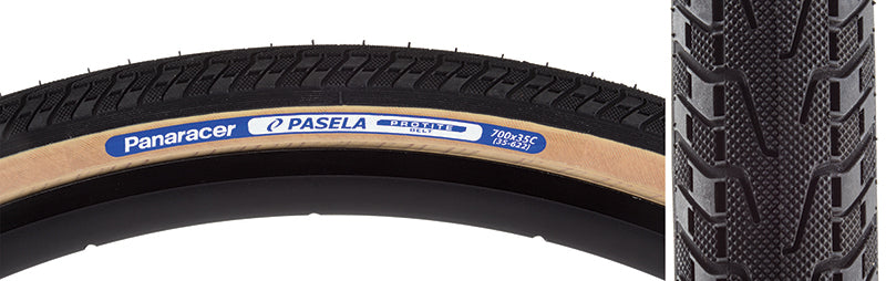 Close-up of the 700x35 Pasela Protite Wire Bicycle Tire, showcasing its tread pattern and durable casing, designed for urban and touring rides with advanced puncture protection technology.