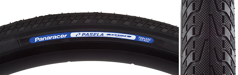 700x35 Pasela Protite Bicycle Tire with visible blue label, showcasing close-up of tread, designed for urban or touring, featuring 400D Lite Extra casing and Protite puncture protection technology.