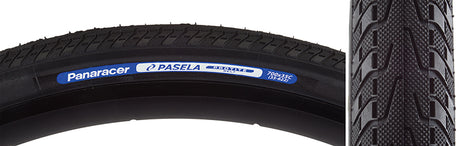 700x35 Pasela Protite Bicycle Tire with visible blue label, showcasing close-up of tread, designed for urban or touring, featuring 400D Lite Extra casing and Protite puncture protection technology.