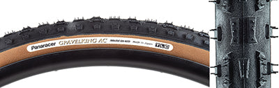 Close-up of the 700x35 Black/Brown Gravel King All Condition Knobby Bicycle Tire, showcasing its vertical center knobs and square outer knobs designed for superior performance in various terrains.