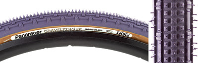 Close-up of the 700x35 Purple/Brown Gravel King SK Bicycle Tire, highlighting the square knobs and double rows of continuous ridges designed for smooth rolling and enhanced grip on rough terrain.