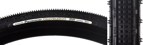 Close-up of a 700x35 Black/Black Gravel King SK Bicycle Tire showcasing its five rows of square knobs and double rows of continuous ridges for smooth rolling and superior grip.