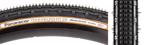 Close-up of the 700x35 Black/Brown Gravel King SK Bicycle Tire, highlighting its five rows of square knobs and double rows of continuous ridges, designed for smooth rolling and exceptional grip on gravel.