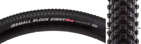 700x35 Small Block 8 Pro Bicycle Tire, featuring densely packed small knobs for low rolling resistance and responsive acceleration, ideal for hard-packed cross-country riding. Close-up of tread details and dual rubber compounds.