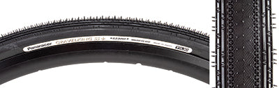 Close-up of the 700x35 Black/Black Gravel King SS+ Bicycle Tire, highlighting its fast-rolling file tread center with micro knobs and durable puncture-resistant ProTite Shield belting for mixed gravel and road use.