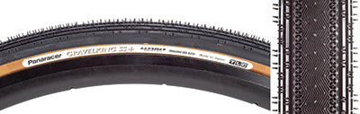 Close-up of the 700x35 Black/Brown Gravel King SS+ Bicycle Tire featuring a white stripe, fast-rolling file tread center, micro side knobs, and durable ProTite Shield belting for mixed gravel and road use.