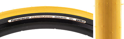 Close-up of the 700x35 Mustard/Black Gravel King Slick Bicycle Tire, highlighting its file-style tread and robust volume designed for both road and gravel conditions, utilizing Panaracer's Natural Rubber Compound for superior grip.