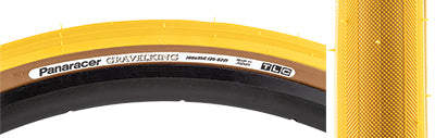 Close-up of the 700x35 Mustard/Brown Gravel King Slick Bicycle Tire, showcasing its minimal tread design and robust volume, ideal for both road and gravel conditions.