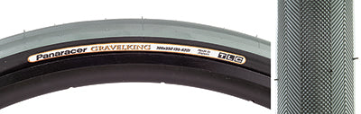 Close-up of the 700x35 Olive/Black Gravel King Slick Bicycle Tire showcasing its minimal file tread and robust build, designed for superior grip on both road and gravel surfaces.