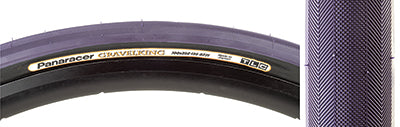 Close-up of the 700x35 Purple/Black Gravel King Slick Bicycle Tire, showcasing its file-style tread and robust volume ideal for gravel and tightly packed dirt roads.