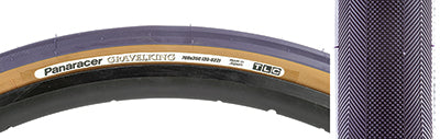 Close-up of the 700x35 Purple/Brown Gravel King Slick Bicycle Tire, highlighting its minimal file tread and robust volume designed for both road and gravel, featuring Panaracer's Natural Rubber Compound for superior grip.