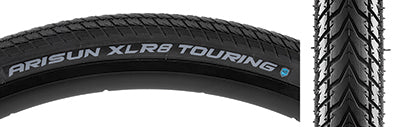 Close-up of the 700x35 XLR8 Touring Bicycle Tire, showcasing its V-shaped tread pattern and smooth round profile designed for precise grip and high-speed acceleration.