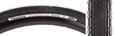 Close-up of the 700x35 Black/Black Gravel King SS Bicycle Tire, showcasing its fast-rolling file tread center and micro knobs on the sides, designed for mixed gravel and road use.