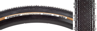 Close-up of the 700x35 Black/Brown Gravel King SS Bicycle Tire, showcasing its fast-rolling file tread center with micro knobs and long rectangular shoulder knobs, ideal for mixed gravel and road use.