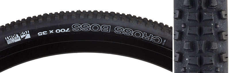 Close-up of the 700x35 Black/Black Cross Boss TCS Light Fast Rolling Bicycle Tire, showcasing its detailed tread pattern with smooth center and open side knobs for optimal acceleration and muck clearance.