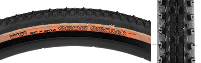 Close-up of the 700x35 Black/Tan Cross Boss TCS Light Fast Rolling Bicycle Tire, highlighting its tread pattern and side knobs designed for efficient performance and muck clearance.