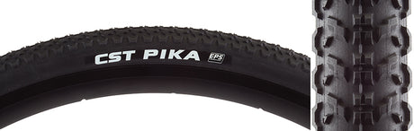 Close-up of the 700x35 Pika Bicycle Tire showcasing its tread pattern with ramped center knobs for smooth rides and U-shaped shoulder knobs for corner traction, designed for gravel and dirt road adventures.